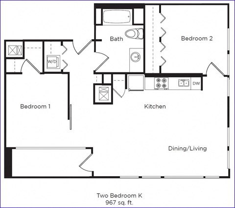 Floor plan for 2 beds, 1 bath, 967 sqft